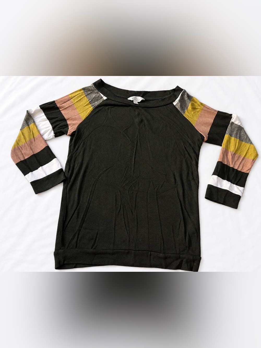 Market & Spruce Black Long Sleeve Top with Pink, Gold, and Gray Accents